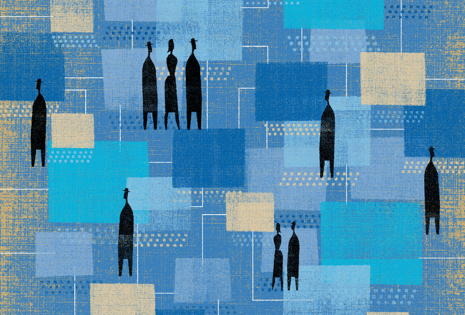 Black shaded figures in profile walking alone or in groups on blue and beige squares connected by white lines