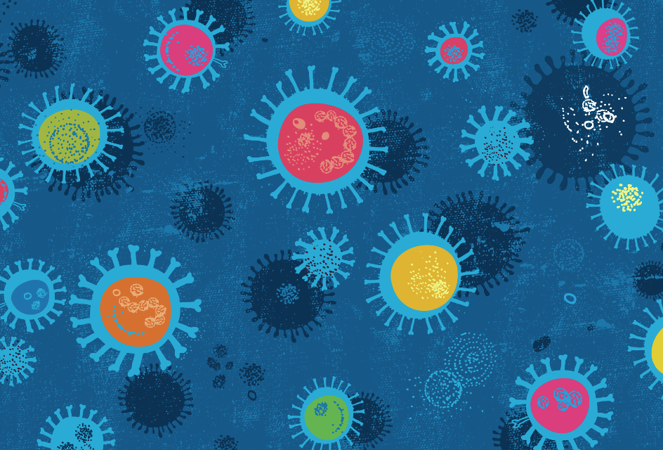 Shaded blue background with different colored illustrations of floating COVID cells