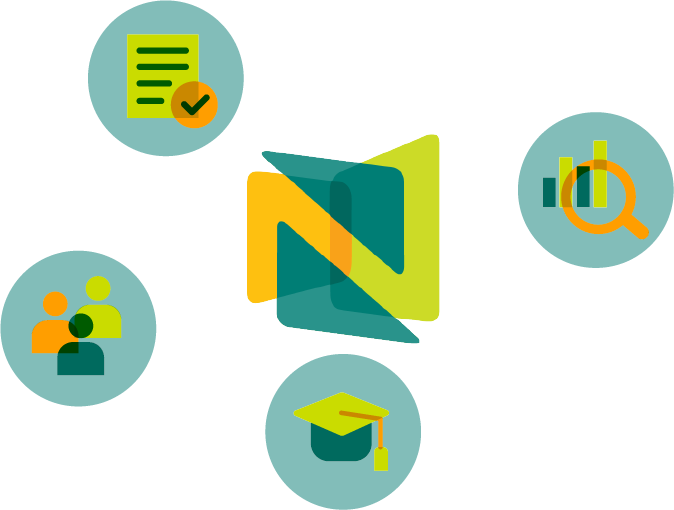 A Valuable Network to Accelerate Improvement hero image with transparent background (900px x 500px) Illustration of the Nuventive logo surrounded by icons for planning, assessment and reporting